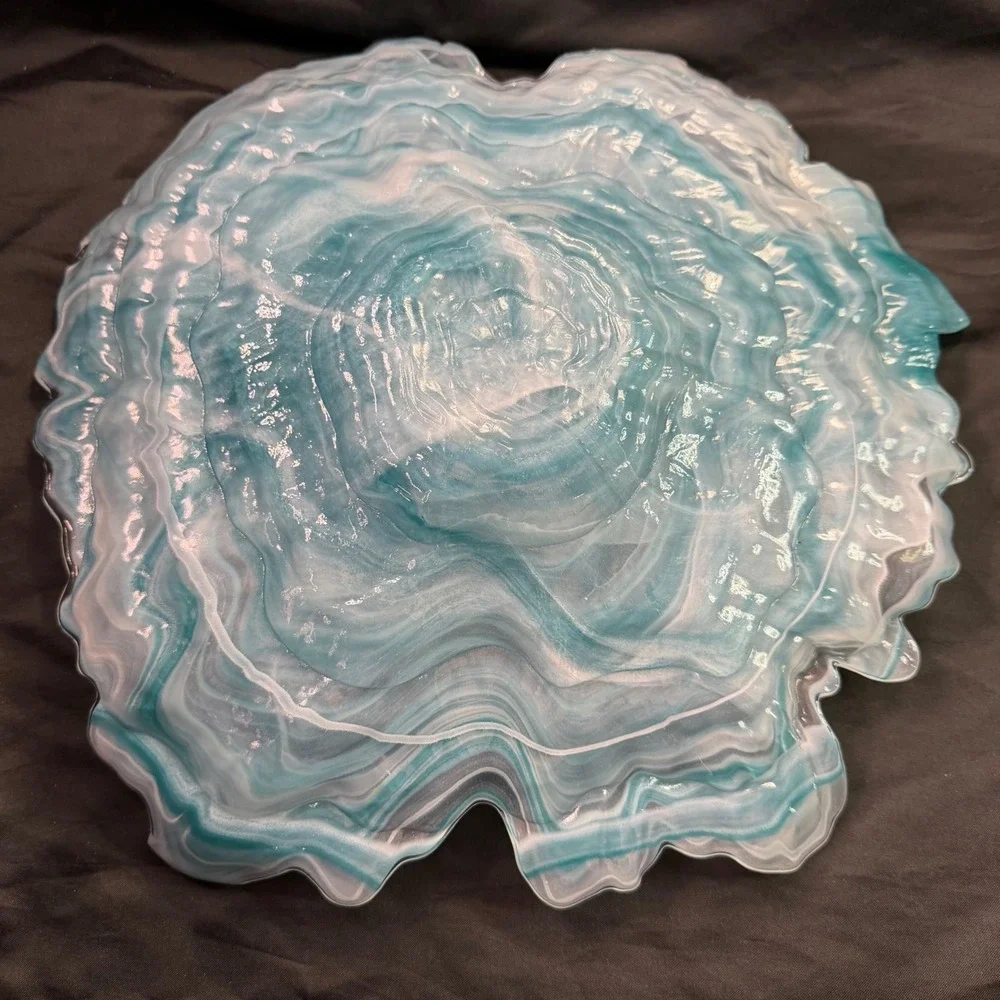 Murano Style Hand Blown Art Glass Oyster Bowl Freeform Aqua White Marbled Swirl